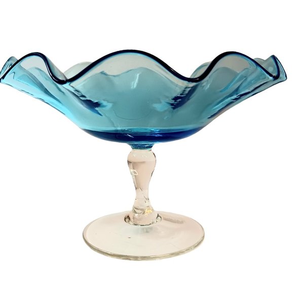 Blue Glass Hand Blown Ruffled Candy Compote Dish Clear Stem Mid-century Modern - Picture 7 of 12